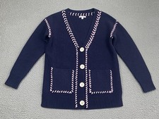  358 Johnny Was The Solid Whipstitch Cardigan Navy Pink Wool Pockets XS EXC