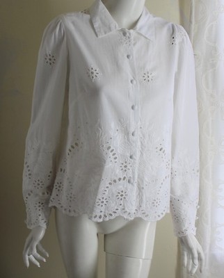 NWT Elie Tahari Sz L White Eyelet Embroidered Cotton Blouse Shirt Jacket Top