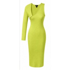 Express Body Contour Medium Lime Green Ribbed Asymmetric One Sleeve Midi Dress