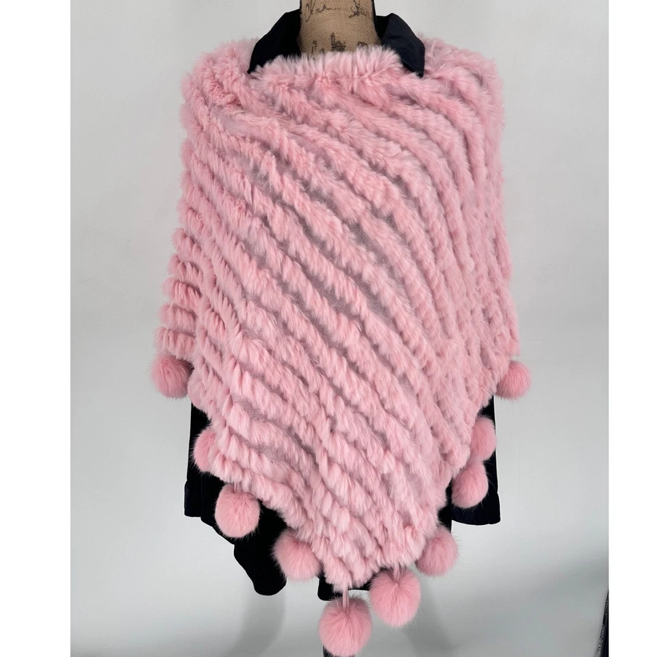 豪华粉色兔子毛皮披肩毛衣包裹角球形 Pom 均码 — 第 2/4 张图片