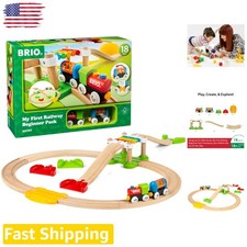 My First Railway Wooden Train Set - 18pc FSC Wood, Rainbow Bridge, Rattle Wagon