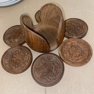 Holz Untersetzer Set mit Halter Blumenmuster Handarbeit Indien 7 Stück