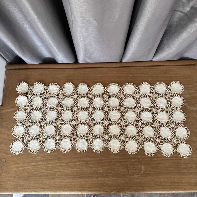 Vintage Crocheted Table Runner Embroidered Linen Inserts 30”x13"