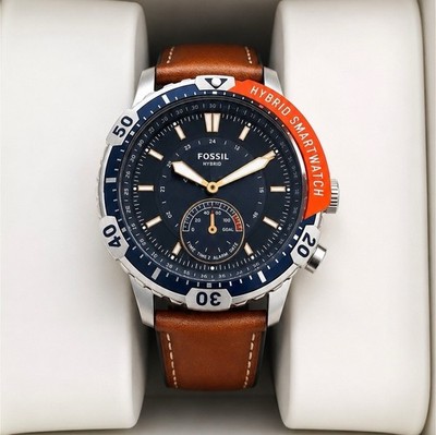 Fossil Hybrid Smartwatch 44mm Silver Stainless Steel Case Brown Leather Band