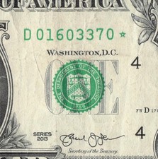 Series 2013 Star Note D Cleveland 3.2 M Pack Run $1 Dollar Bill FW D01603370*