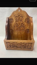 Vintage Carved Wooden Wall Mail Holder Letter Organizer Floral Treen Indian