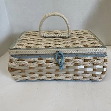 Vintage Wicker Sewing Box Basket 9” 6” 4” Made In Japan