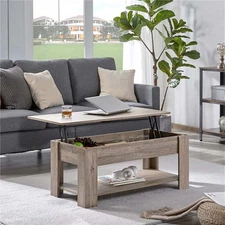 Modern Lift Top Rectangular Wood Coffee Table with Hidden Compartment & Storage