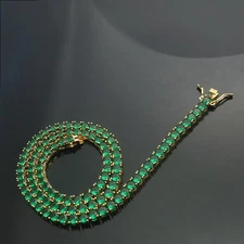 Natural Zambian Green Emerald Round Tennis Necklace 14k Solid Yellow Gold 17in
