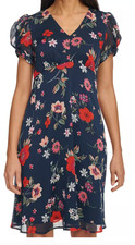 Calvin Klein Babydoll Floral Chiffon Dress Womens 8 Blue Knee Length Romantic