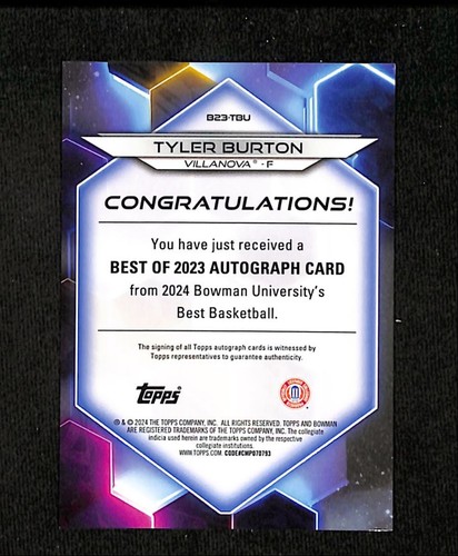 Tyler Burton 123/125 2024 Bowman's Best U Best of 2023 Villanova #B23-TBU - Picture 2 of 2