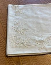 Embroidered Linen Tablecloth 35” Square Ecru on Ecru Lazy Daisy Stitch VINTAGE