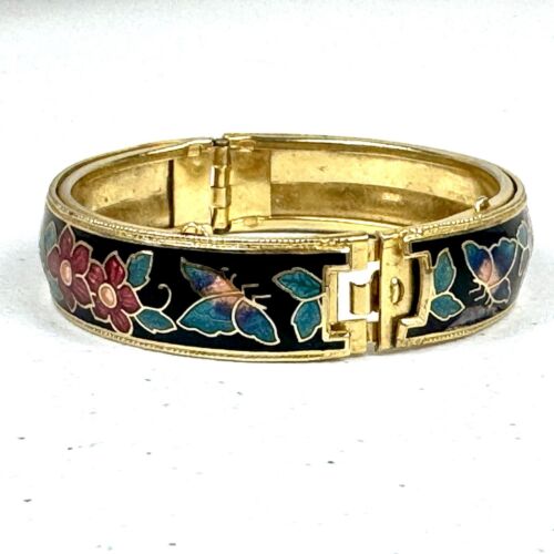 Vintage Cloisonne Enamelled Gold Tone Hinged Bangle Bracelet Multicoloured - Picture 2 of 8