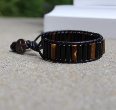 BOPREINA Men's Beaded Leather Bracelet – Obsidian & Tiger Eye Stone With Cuban Chain, 8.6" Wristband