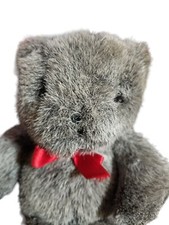 Russ Berrie Soft 'N Suede Tippy Teddy Bear 9" Plush Stuffed Animal Grey Red Bow