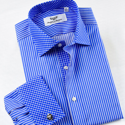 Blue Stripe Business Dress Shirt With Blue Check Contrast Collar & Cuffs Unique