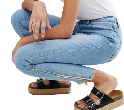 High Rise Damen Mädchen Skinny Jeans Bleach mit Reißverschluss Stufensaum