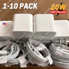 1-10x Lot For iPhone 14 13 12 11 20W Power Adapter Fast Charger PD Cable Type-C