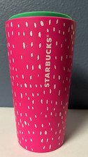 STARBUCKS Summer Neon Pink White Dots Strawberry Berry Ceramic Tumbler 12oz NEW