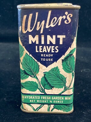ANTIQUE WYLER'S MINT LEAVES SPICE TIN LITHO CAN VINTAGE GROCERY FOOD STORE