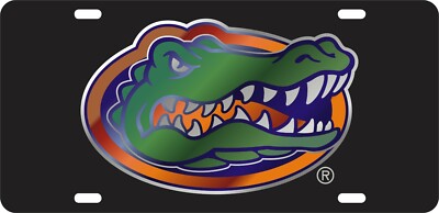FLORIDA GATORS MIRROR ACRYLIC CAR TAG BLACK W/ GATOR HEAD LOGO LASER CUT INLAID