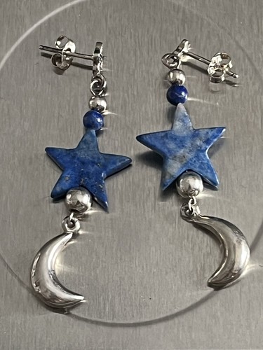 Dangle Drop Pierced Earrings Silver Moon Bue Stars Marked 925 Stud - Picture 4 of 10
