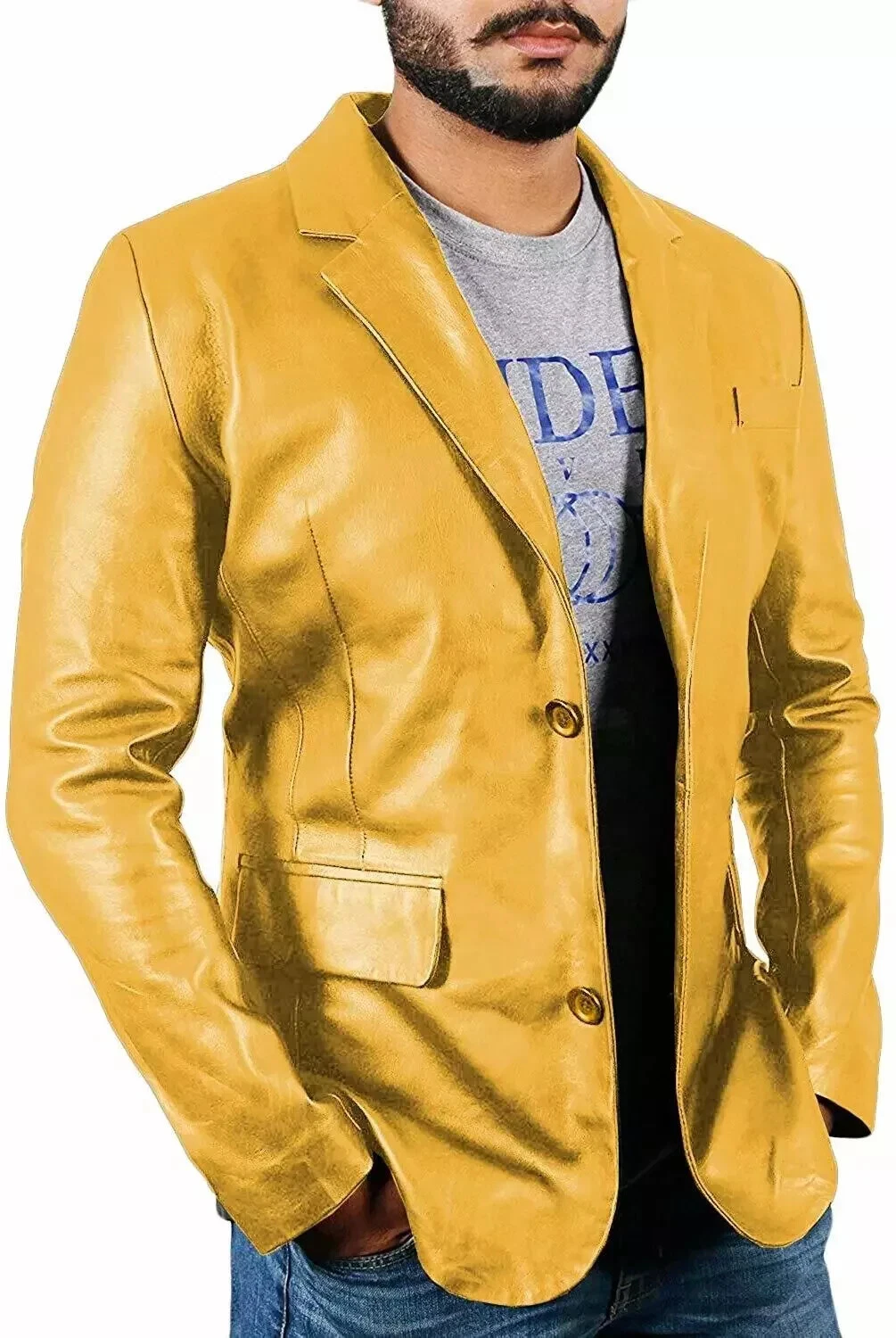 Men's Stylish Genuine Lambskin Leather Two-Button Yellow Blazer Jacket All Size