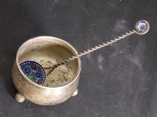 Antique imperial russian silver 84 enamel set , caviar spice herb salt, mark - Picture 11 of 18