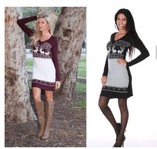 BURGUNDY BLACK REINDEER LONG SLEEVE SWEATER SHIRT TOP MINI DRESS M MED L LARGE 