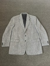 Harris Tweed Herringbone Wool Blazer Gray Mens Size 46 Long Hand Woven Casual