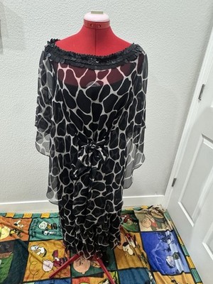 Vtg Marina Rinaldi Pura Seta black Animal Print flowy kaftan dress Sequined Neck