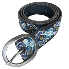 Lucky Brand Women's L Blue White Embroidered Black Leather Belt Boho Hippie