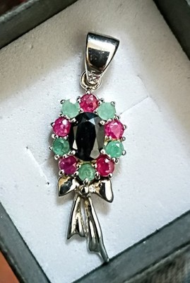 New Silver Genuine Sapphire Emerald Ruby Holiday Wreath Ribbon Pendant Only