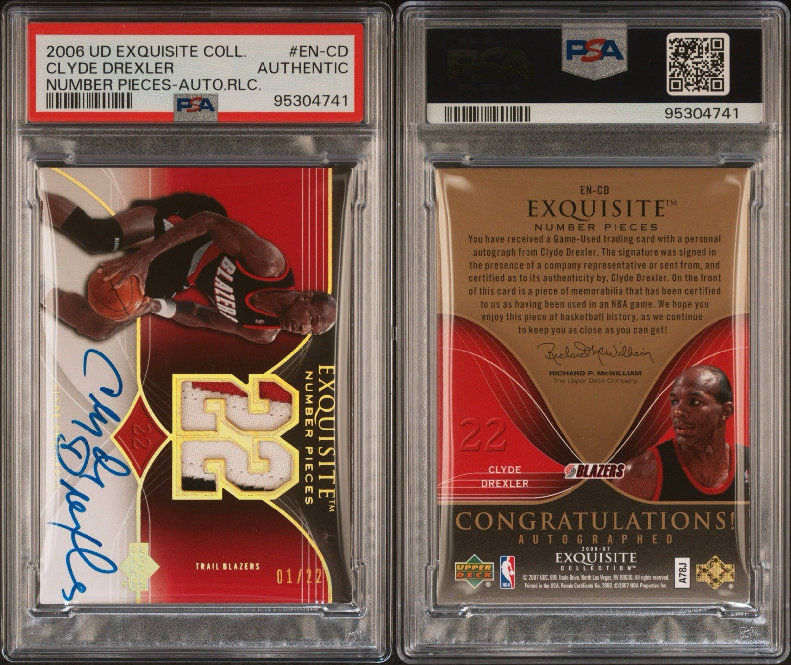 2006 UD Exquisite Clyde Drexler Jersey Number Pieces Patch Auto 1/22 Psa Pop 1/1 view 3