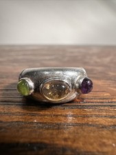 Vintage 925 Silver Multi Gemstone Cabochon Boho Statement Ring Size 5