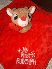 Rudolph My First Christmas Reindeer Christmas Lovey Minky Dot Plush EUC
