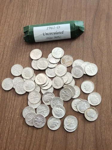 1961 D Roosevelt Silver Dime Full Roll, 50 Coins, UNC, Pulled from US Mint Bag
