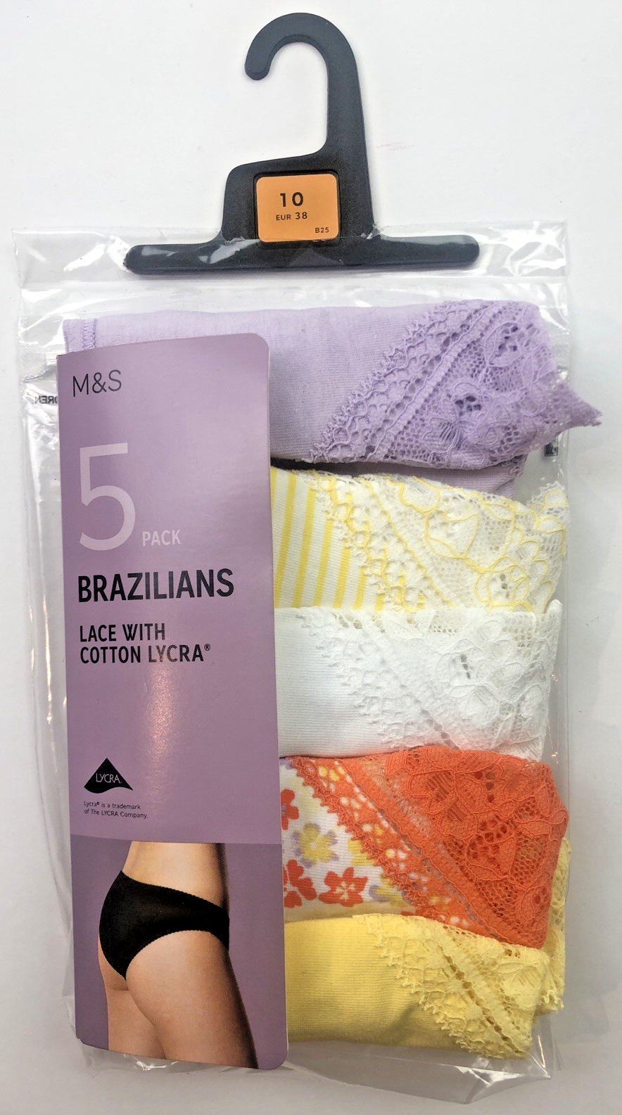 UK 10 Marks & Spencer 5 Pack Lace & Cotton Brazilian Knickers Sunshine Mix BNWT
