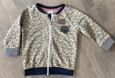 Petit Bateau Tan Navy 100% Cotton Zip Front Sweatshirt 24M Tiger Stripe Cuffs