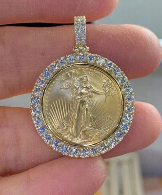 2Ct Round Cut Lab Created Diamond Liberty Coin Pendant 14K Yellow Gold Plated