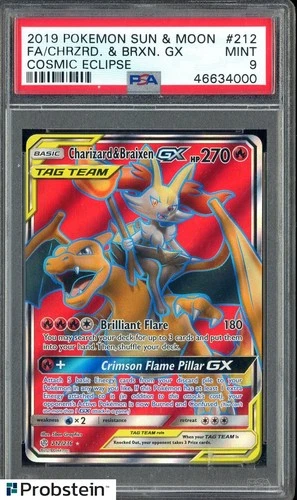 2019 Pokemon Sun & Moon Cosmic Eclipse #212 FA Charizard & Braixen GX PSA 9