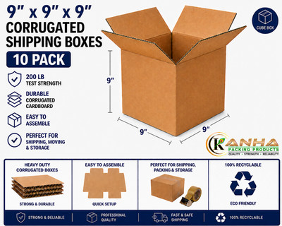 9x9x9 Corrugated Shipping Boxes 10 Pack 200 lb Test Heavy Duty Moving Packing Bo