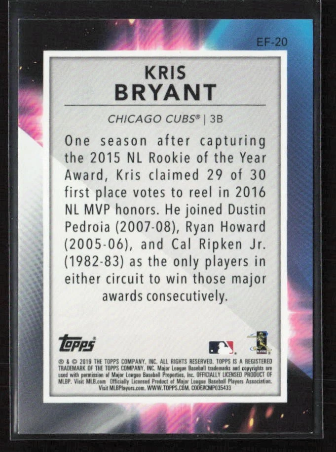 2019 Topps Fire #EF-20 Kris Bryant En Fuego Chicago Cubs (P) - Image 2 of 2
