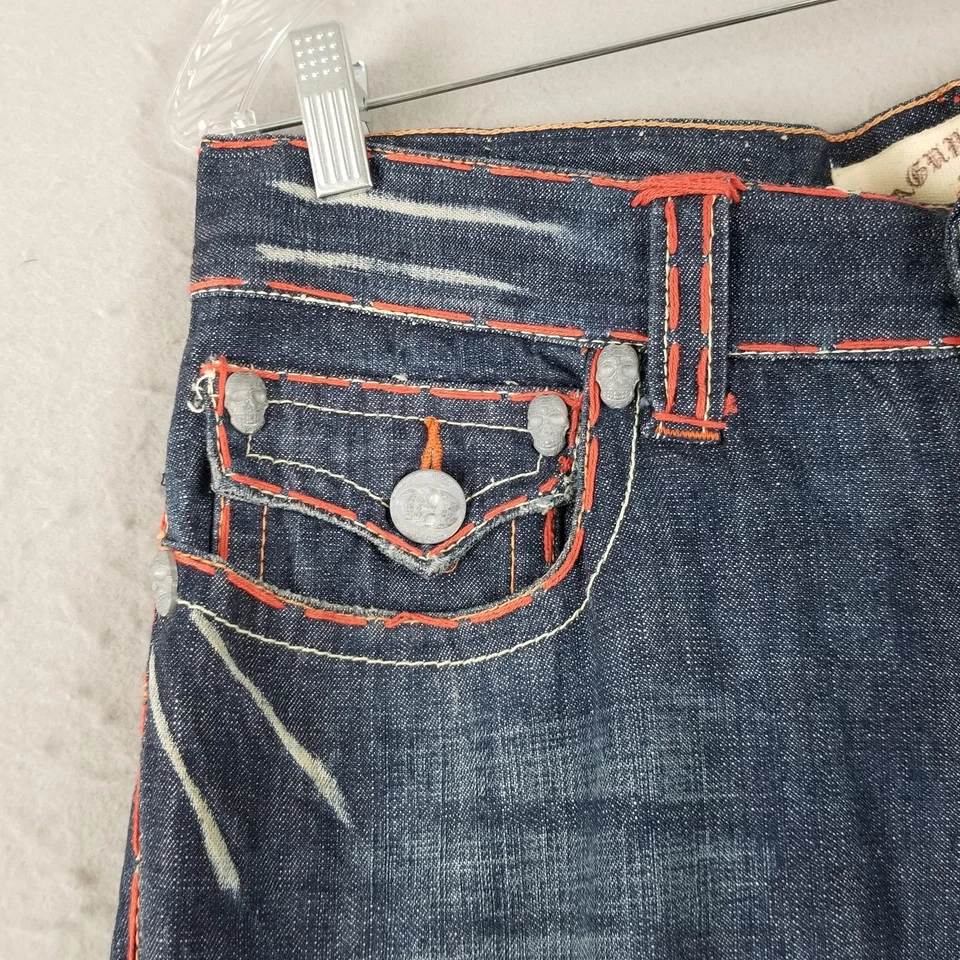 Laguna Beach Jeans Mens 32x30 Bootcut Denim Red Stitch Skull Button Distressed - Image 4 of 4