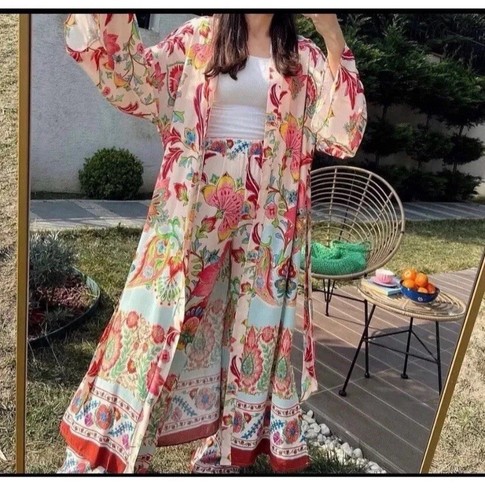 Langer Kimono Mantel ZARA rosa türkis grün ecru fließend S neu mit Etikett 7864 029 - Bild 3 von 14