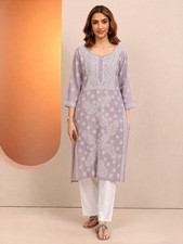 Women s Mauve Chikankari Kurti Embroidered Cotton Ethnic Kurta Straight