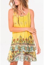 Farm Rio Yellow Floral Chiffon Dress Boho Tiered Mini Size Small