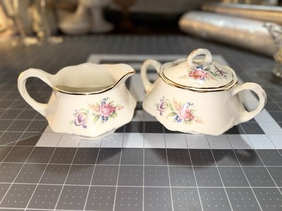 Vintage Homer Laughlin Creamer & Sugar Bowl Priscilla Pattern w/Gold Trim, 1948