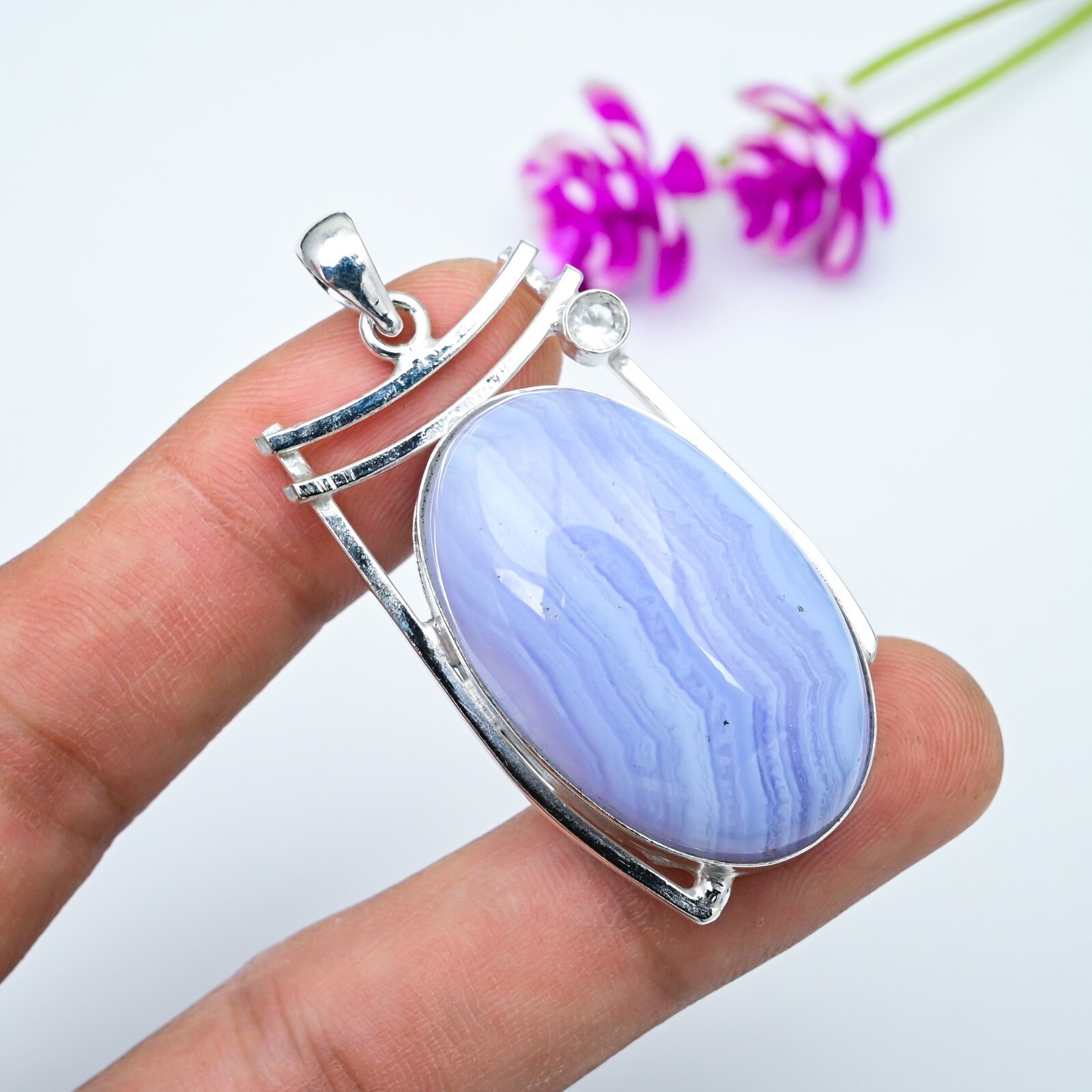 925 Sterling Silver Jewelry White Topaz & Blue Lace Agate Gemstone Pendant Gifts