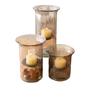 Smoke Gray Glass Hurricane Votive Candle Holder Set Three Rustic Metal Insert Ebay
